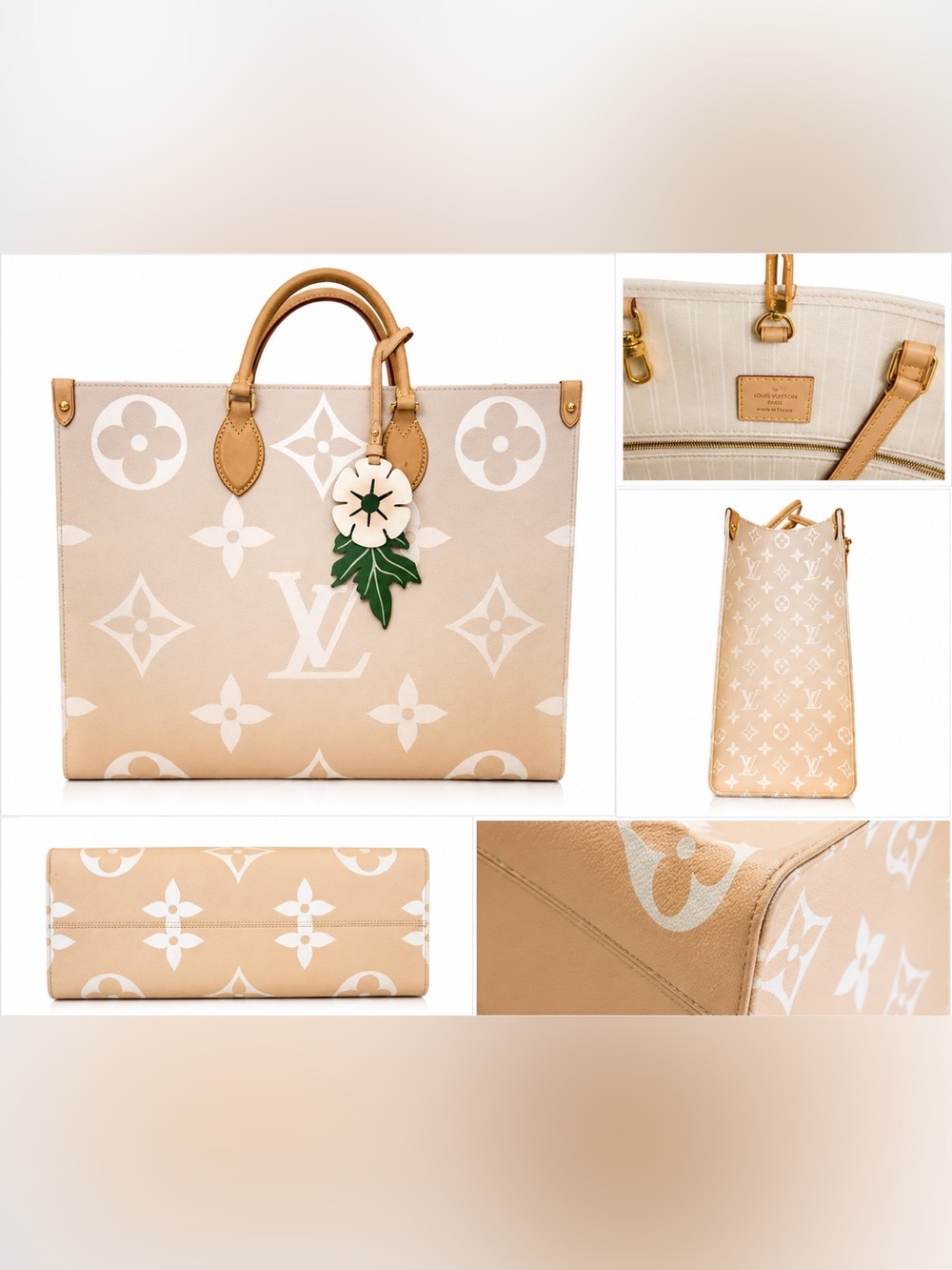 Louis Vuitton Beige and Tan Monogram Tote with Green and White Floral Charm